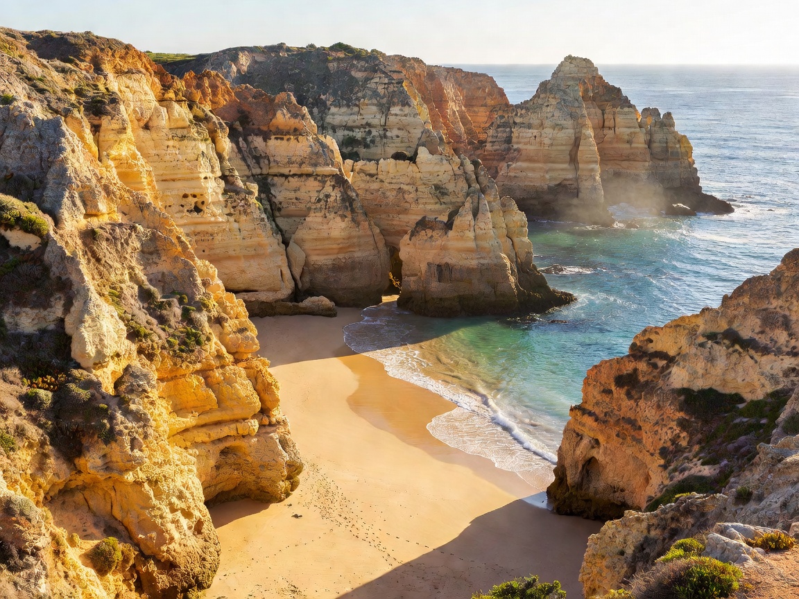 Golden limestone cliffs and a narrow sandy cove on the Algarve coastline