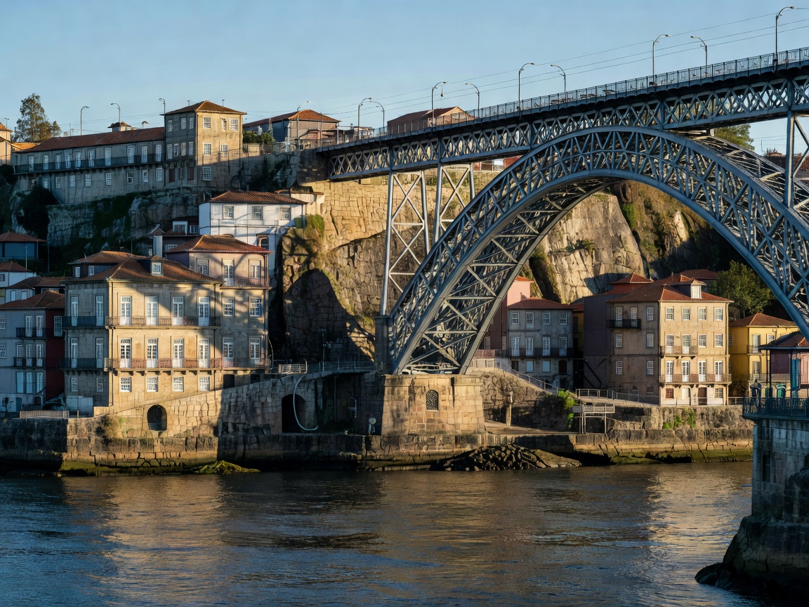 Granite riverfront houses and an iron bridge spanning the Douro at Porto