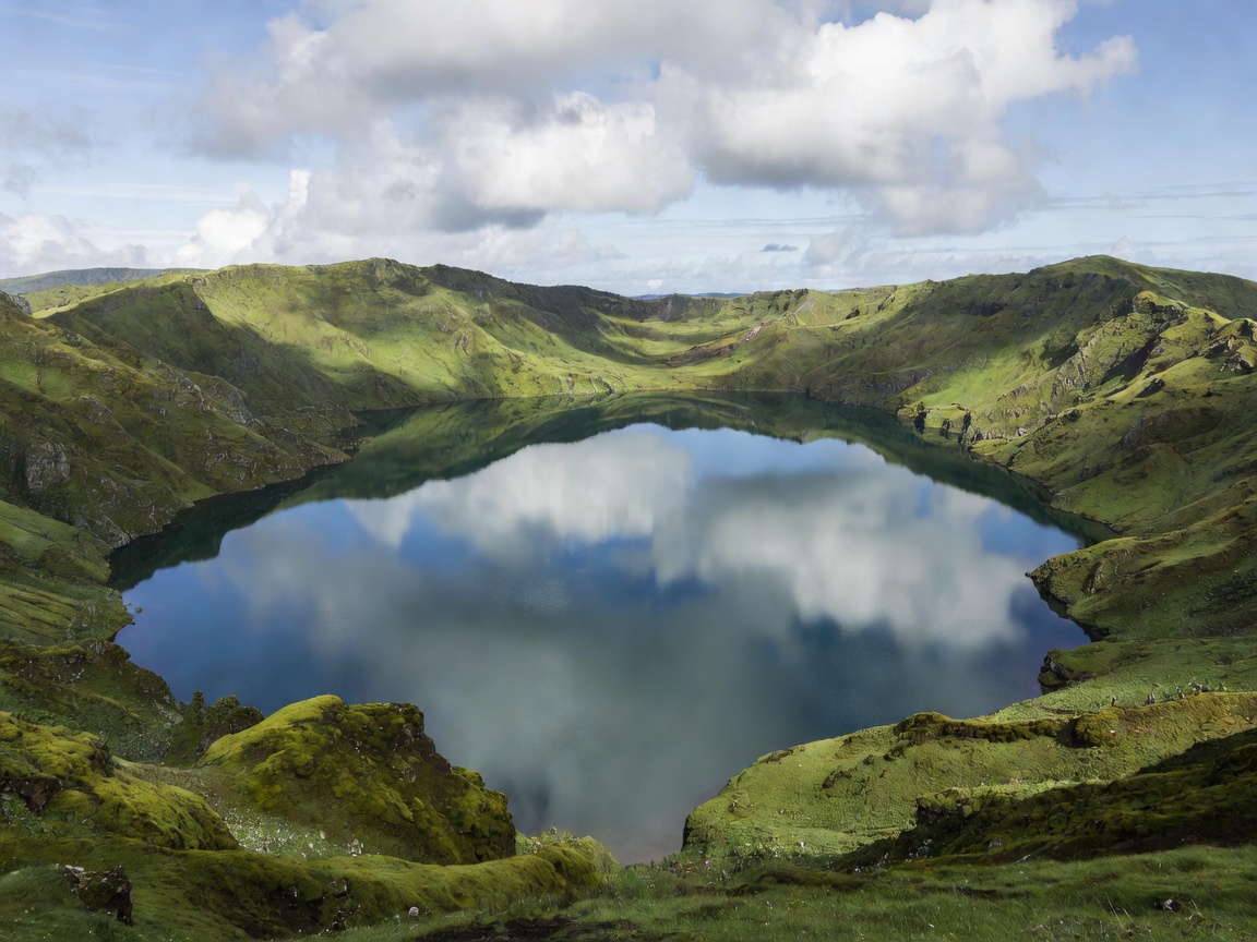 Green caldera rim enclosing a still lake with cloud shadows moving across the Azores landscape