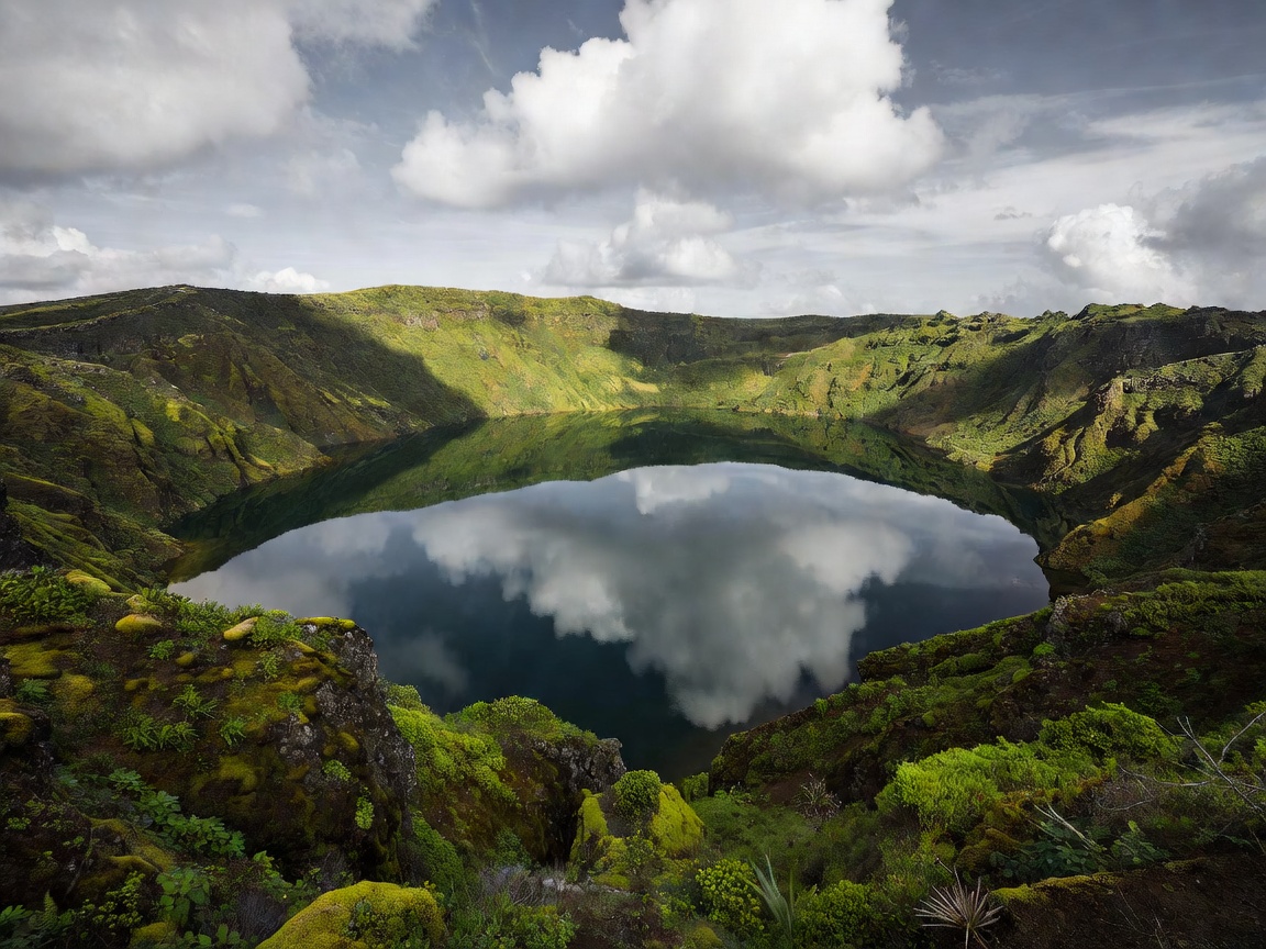 Green crater rim and a still caldera lake under moving cloud in the Azores