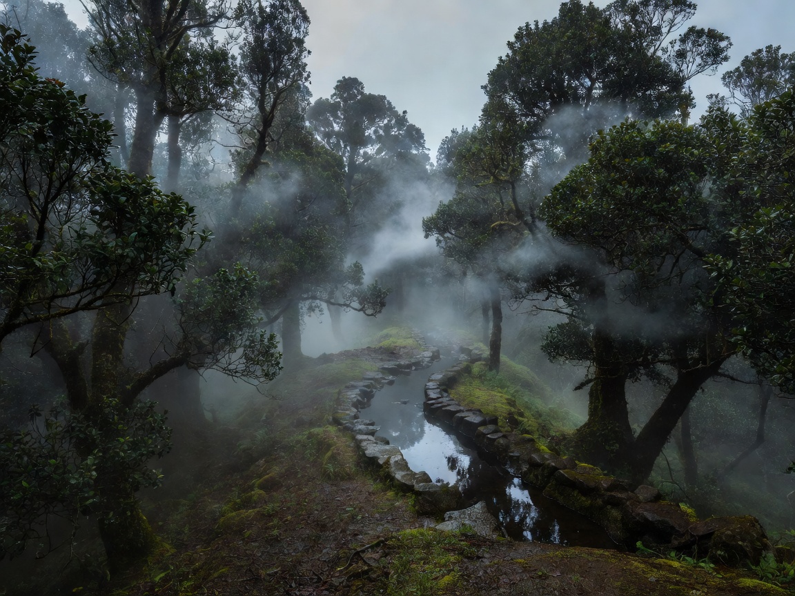 Mist drifting over a laurel forest ridge and levada channel in Madeira