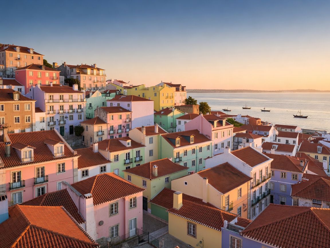 Pastel hillside rooftops above the Tagus estuary in Lisbon at late afternoon