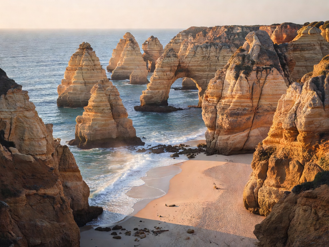 Sandstone arches and stacks above a narrow beach on the central Algarve cliffs