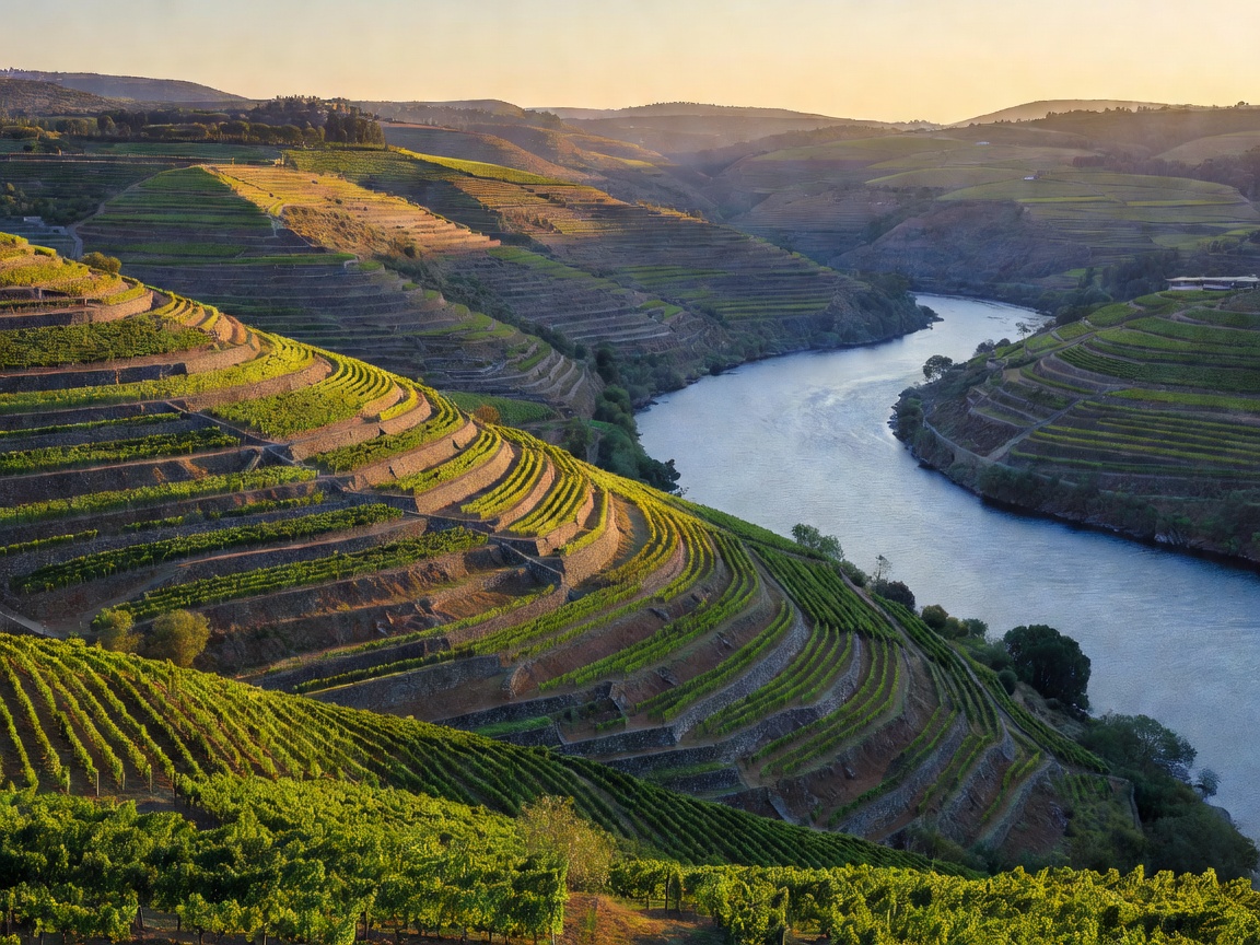 Terraced vineyard slopes falling towards a bend in the Douro river